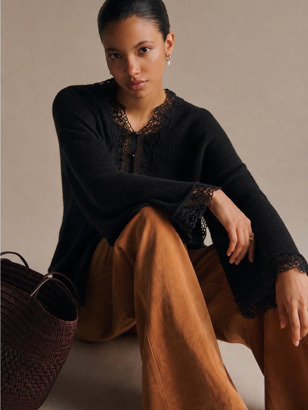 Black Lace-Trim Wide Sleeves Knit Cardigan